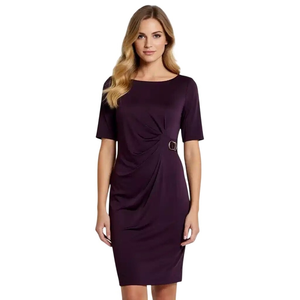 Jessica H Purple Ruched Sheath‎ Dress Gold Buckle Accent Short Sleeve Size 12